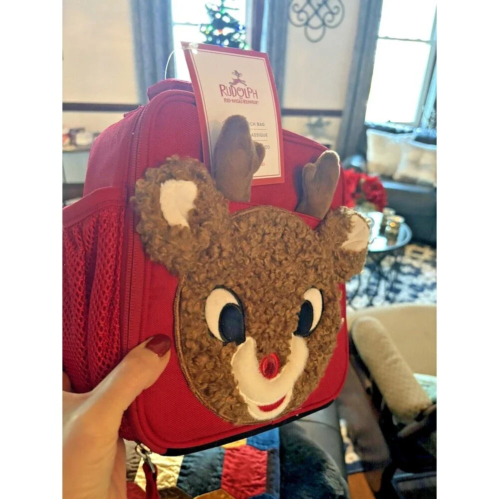 School Pottery barn Christmas holiday RUDOLPH LUNCH BOX BAG+Utensil gift pre /